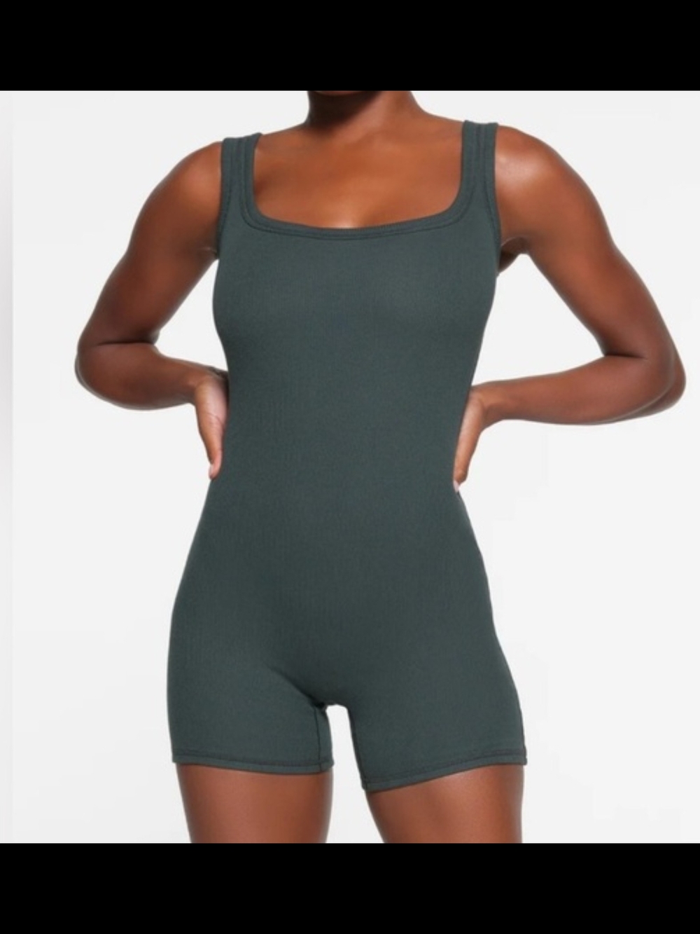 NWT SKIMS Ribbed Square-Neck Romper Bodysuit - Dark Green Spruce M